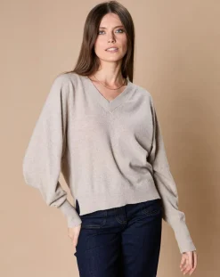 Oscar et Louise Pulls|Pull 100% Cachemire 4 fils Romy col V profond écru chiné