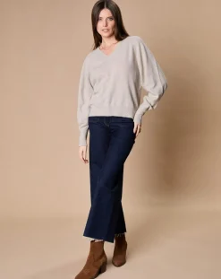 Oscar et Louise Pulls|Pull 100% Cachemire 4 fils Romy col V profond écru chiné