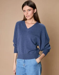 Oscar et Louise Pulls|Pull 100% Cachemire 4 fils Romy col V profond bleu denim