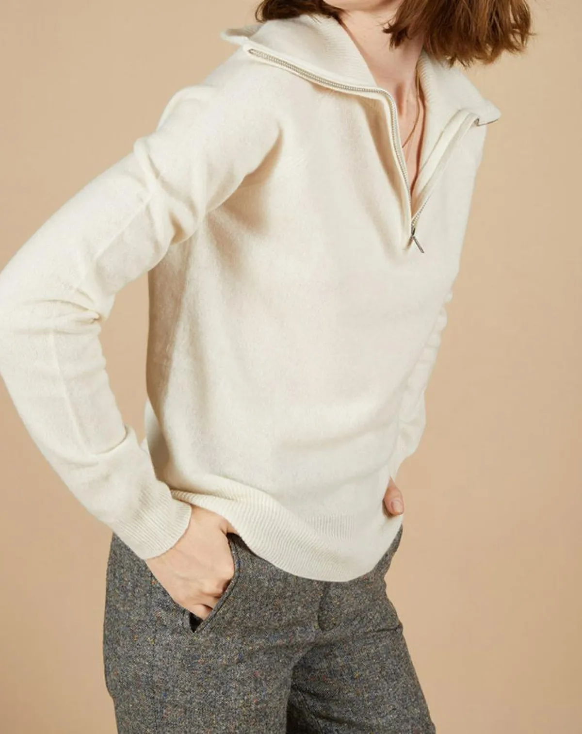 Cashmere Tribu Pulls|Pull 100% Cachemire Audrey col zippé écru