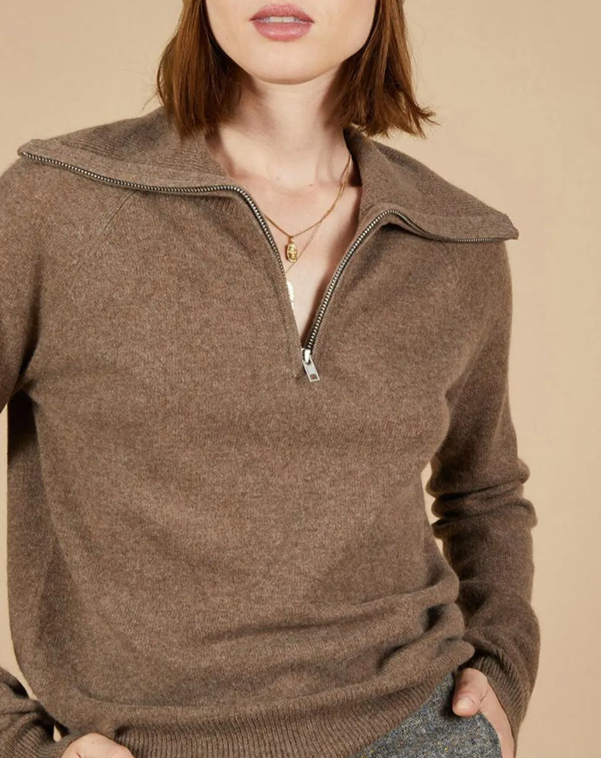 Cashmere Tribu Pulls|Pull 100% Cachemire Audrey col zippé marron