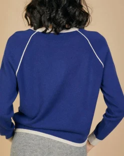 Cashmere Tribu Pulls|Pull 100% Cachemire Bertha col rond manches raglan bicolore nautique/greige