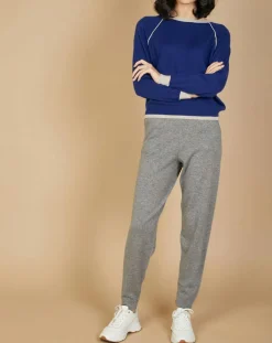 Cashmere Tribu Pulls|Pull 100% Cachemire Bertha col rond manches raglan bicolore nautique/greige