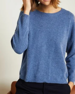 Miss Cashmere Pulls|Pull 100% Cachemire Clémence Col rond bleu chiné