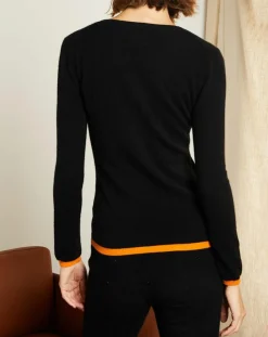 Miss Cashmere Pulls|Pull 100% Cachemire col rond bicolore noir/orange