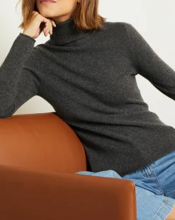 Miss Cashmere Pulls|Pull 100% Cachemire col roulé Jane gris chiné foncé