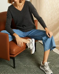 Miss Cashmere Pulls|Pull 100% Cachemire col V profond gris chiné foncé