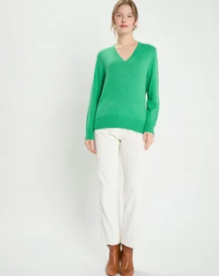 Galeries Lafayette Pulls|Pull 100% Cachemire Col V Zocon vert emeraude
