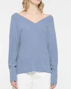Galeries Lafayette Pulls|Pull 100% Cachemire Frani col V bleu lavande
