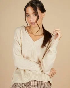 Cashmere Tribu Pulls|Pull 100% Cachemire Iris Col V profond oversize blé