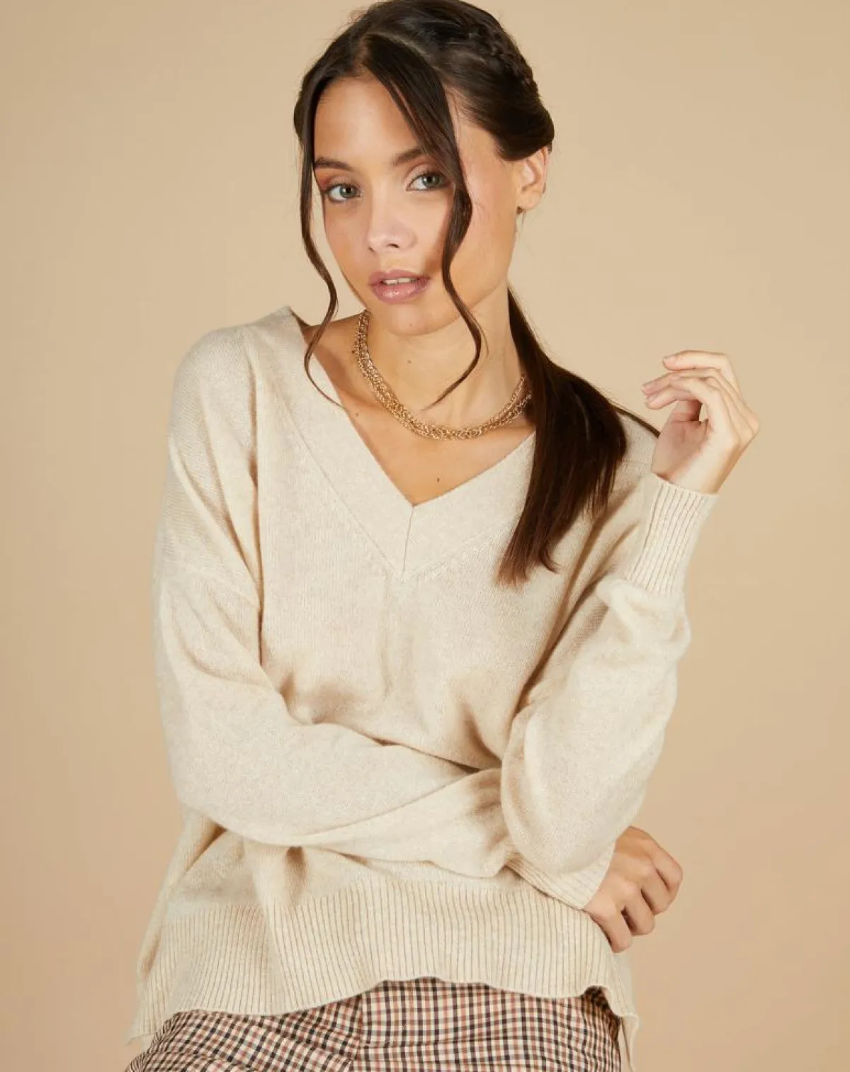 Cashmere Tribu Pulls|Pull 100% Cachemire Iris Col V profond oversize blé