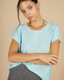 Cashmere Tribu Pulls|Pull 100% Cachemire Laurène manches courtes bleu océan