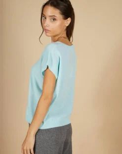 Cashmere Tribu Pulls|Pull 100% Cachemire Laurène manches courtes bleu océan