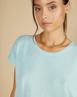 Cashmere Tribu Pulls|Pull 100% Cachemire Laurène manches courtes bleu océan