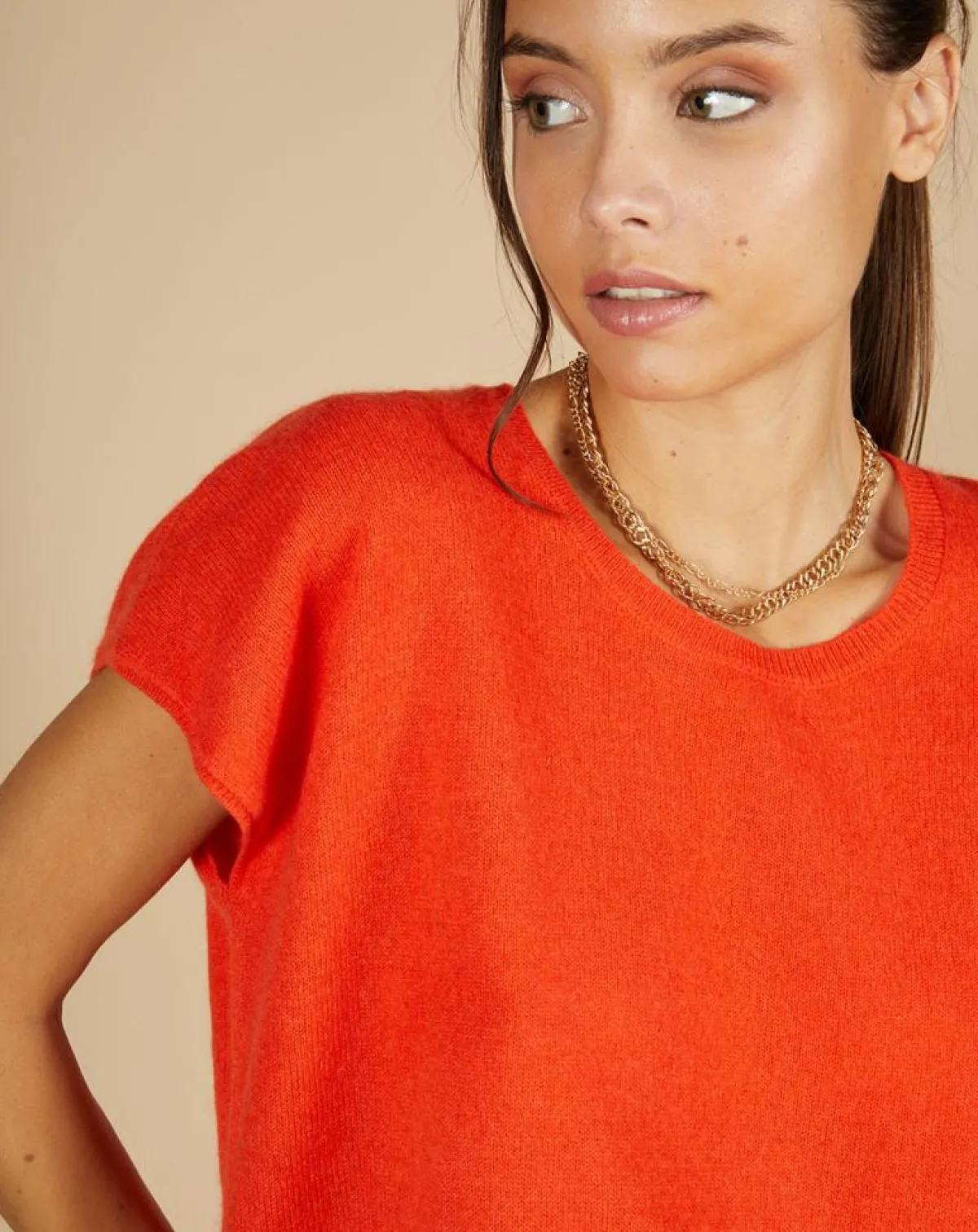 Cashmere Tribu Pulls|Pull 100% Cachemire Laurène manches courtes orange