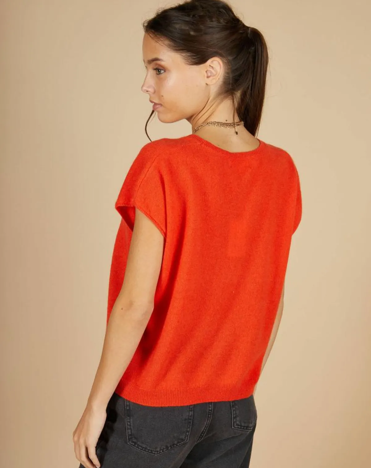 Cashmere Tribu Pulls|Pull 100% Cachemire Laurène manches courtes orange
