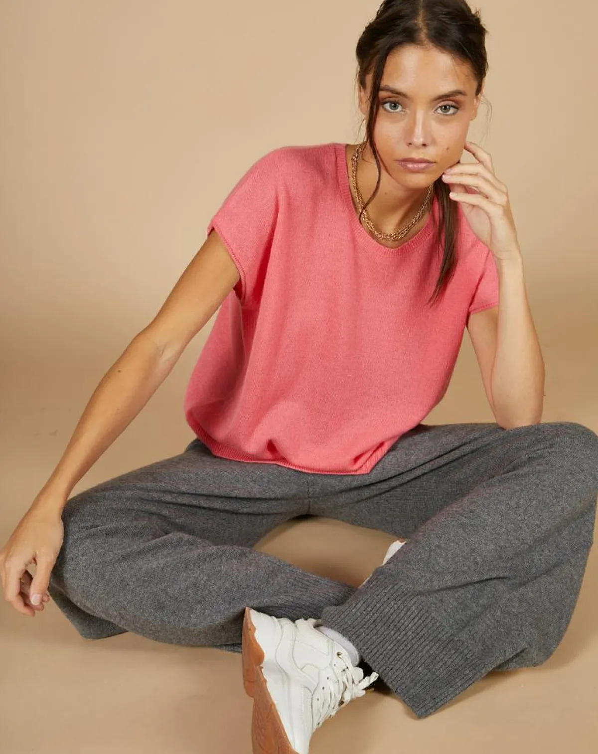 Cashmere Tribu Pulls|Pull 100% Cachemire Laurène manches courtes rose