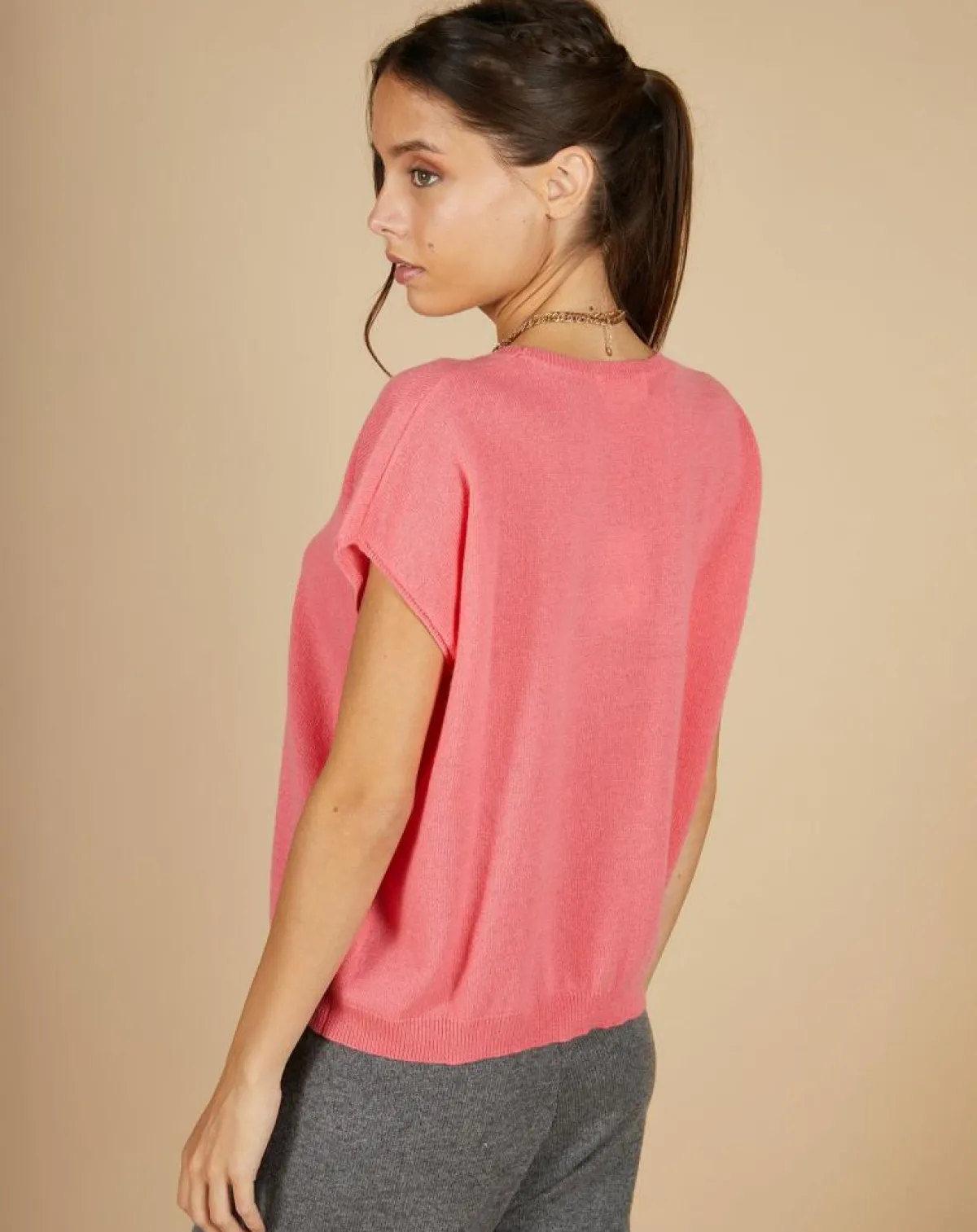 Cashmere Tribu Pulls|Pull 100% Cachemire Laurène manches courtes rose