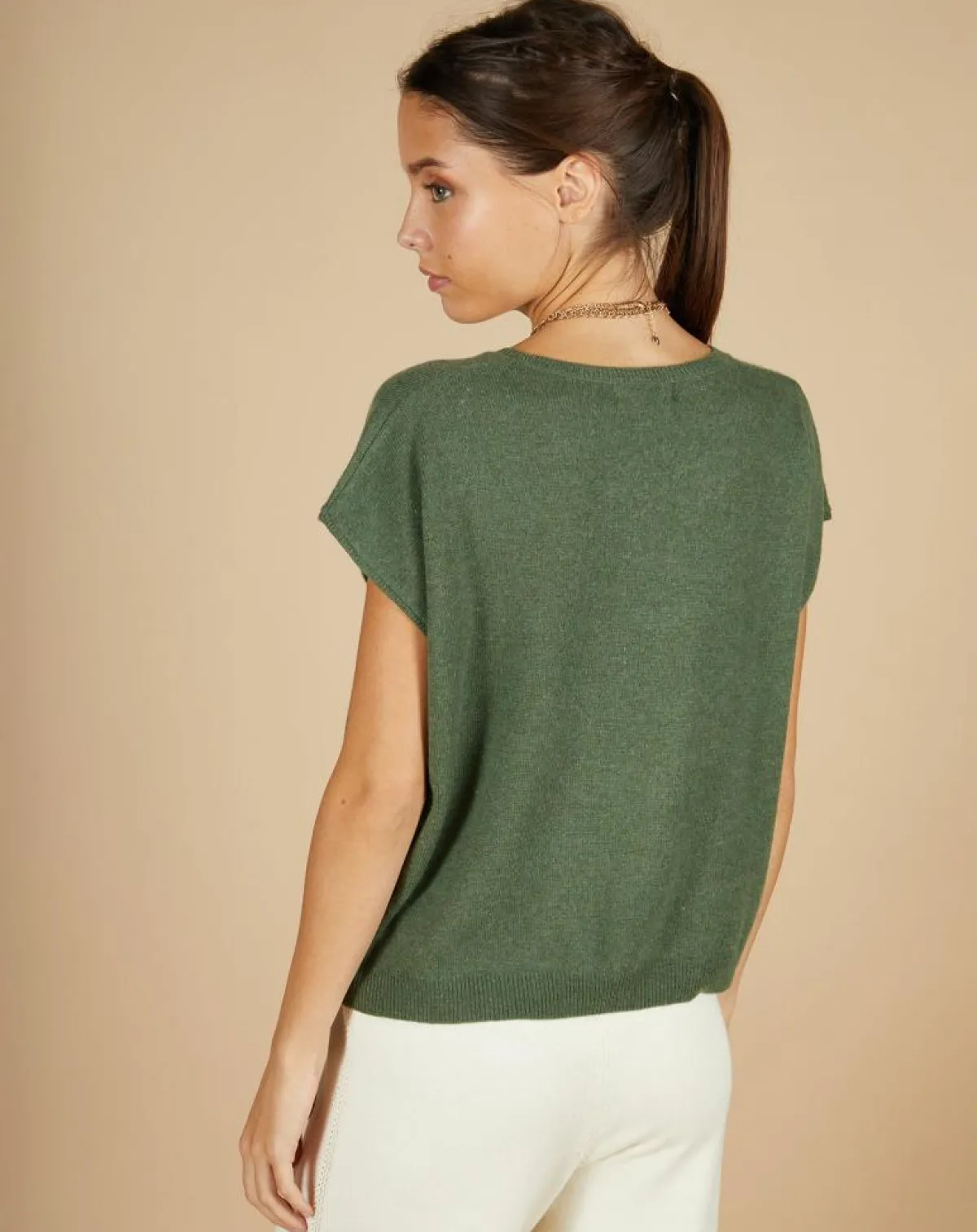 Cashmere Tribu Pulls|Pull 100% Cachemire Laurène manches courtes kaki