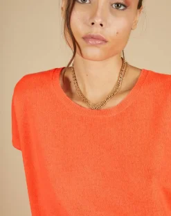 Cashmere Tribu Pulls|Pull 100% Cachemire Laurène manches courtes corail fluo