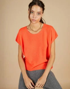 Cashmere Tribu Pulls|Pull 100% Cachemire Laurène manches courtes corail fluo
