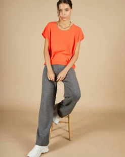 Cashmere Tribu Pulls|Pull 100% Cachemire Laurène manches courtes corail fluo