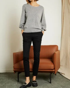 Miss Cashmere Pulls|Pull 100% Cachemire Manches Ballon Angelina Col rond gris chiné clair