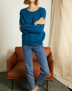 Miss Cashmere Pulls|Pull 100% Cachemire Manches Ballon Angelina Col rond pétrole