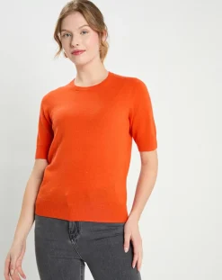 Galeries Lafayette Pulls|Pull 100% Cachemire manches courtes Difi orange