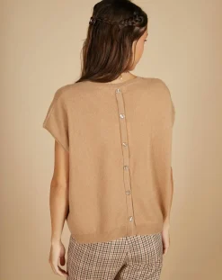 Cashmere Tribu Pulls|Pull 100% Cachemire manches courtes Charline boutons au dos camel