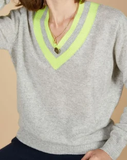 Cashmere Tribu Pulls|Pull 100% Cachemire Marley col V à bandes gris chiné clair/jaune fluo