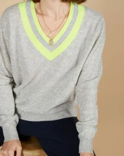 Cashmere Tribu Pulls|Pull 100% Cachemire Marley col V à bandes gris chiné clair/jaune fluo