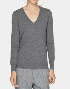 Galeries Lafayette Pulls|Pull 100% Cachemire Nocon col V gris foncé