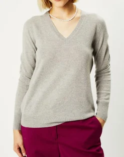 Galeries Lafayette Pulls|Pull 100% Cachemire Nocon col V gris clair