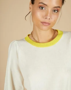 Cashmere Tribu Pulls|Pull 100% Cachemire Romane col rond écru/liseré citron
