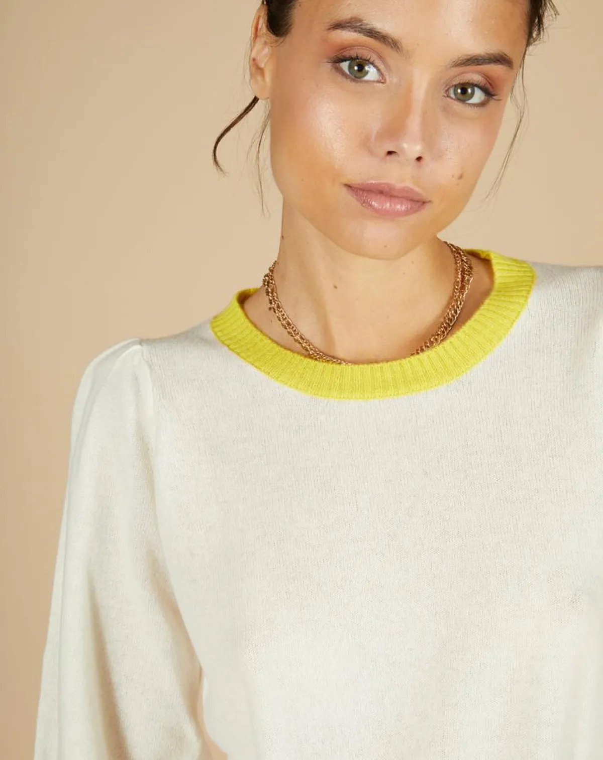 Cashmere Tribu Pulls|Pull 100% Cachemire Romane col rond écru/liseré citron