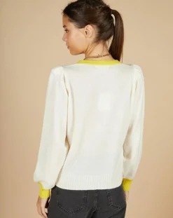 Cashmere Tribu Pulls|Pull 100% Cachemire Romane col rond écru/liseré citron