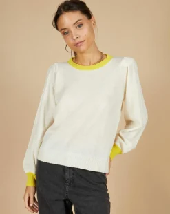 Cashmere Tribu Pulls|Pull 100% Cachemire Romane col rond écru/liseré citron