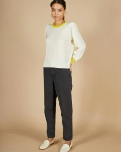 Cashmere Tribu Pulls|Pull 100% Cachemire Romane col rond écru/liseré citron