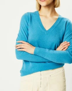 Galeries Lafayette Pulls|Pull 100% Cachemire Yocon col V bleu moyen
