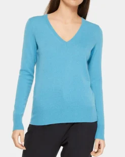 Galeries Lafayette Pulls|Pull 100% Cachemire Yocon col V bleu moyen