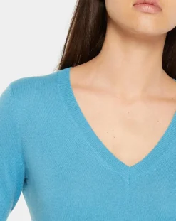 Galeries Lafayette Pulls|Pull 100% Cachemire Yocon col V bleu moyen