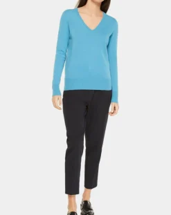 Galeries Lafayette Pulls|Pull 100% Cachemire Yocon col V bleu moyen