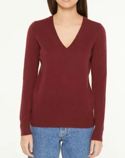 Galeries Lafayette Pulls|Pull 100% Cachemire Yocon col V rouge foncé