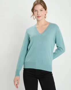 Galeries Lafayette Pulls|Pull 100% Cachemire Zocon col V bleu/vert