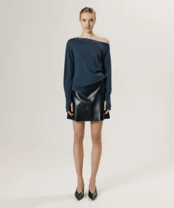 Rodier Pulls|Pull Abby 100% laine épaule nue asymétrique bleu pétrole