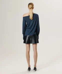 Rodier Pulls|Pull Abby 100% laine épaule nue asymétrique bleu pétrole