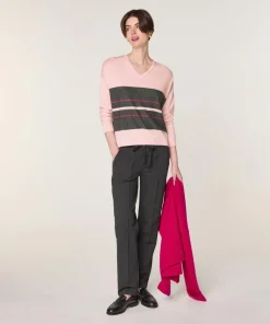 Rodier Pulls|Pull Adélie 100% Laine col V rayures rose perle