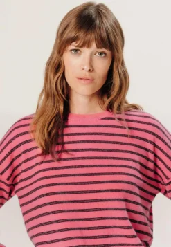 Rodier Pulls|Pull Aliénor 100% Cachemire col rond, rayé orange corail