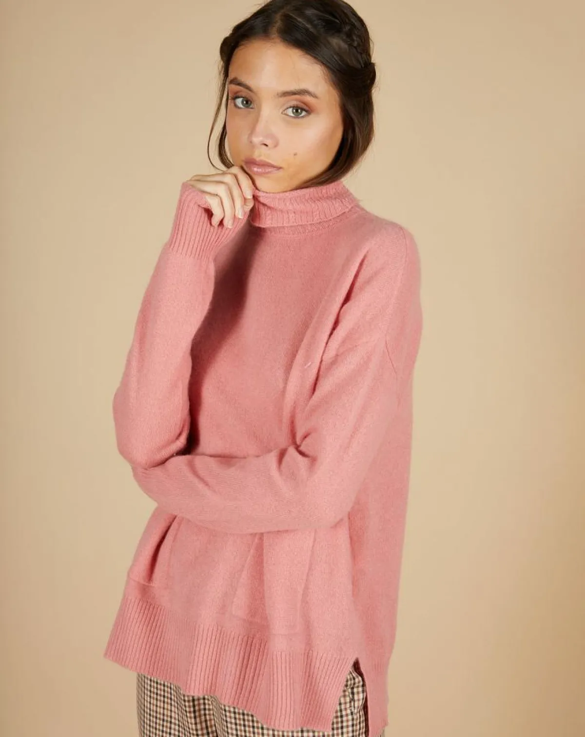 Cashmere Tribu Pulls|Pull ample 100% Cachemire Alicia Col roulé à poches bois de rose